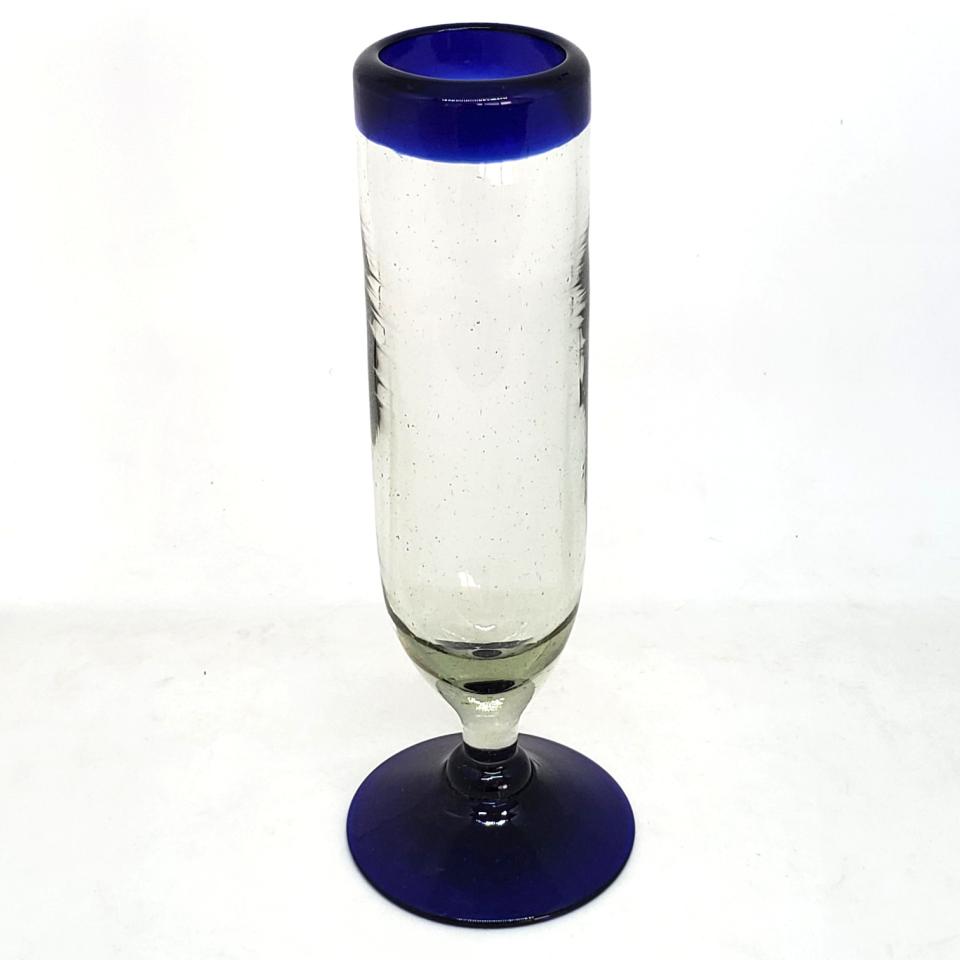 MEXICAN GLASSWARE / Cobalt Blue Rim 6 oz Champagne Flutes (set of 6) / Beautifully crafted champagne flutes for important celebrations!, enjoy toasting with your favorite champagne or sparkling wine in stylish fashion!